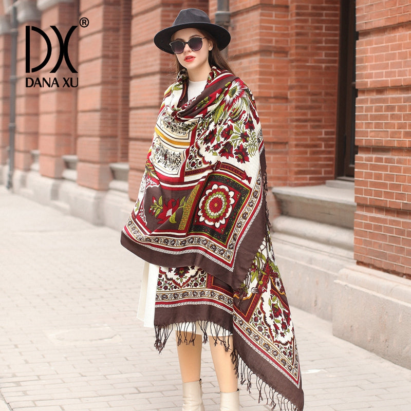 DANA XU 100% Merino Wool Extra Large Pashmina Blanket Travel Scarf Cashmere Wrap for Women Fall Winter Oversize Shawl Floral