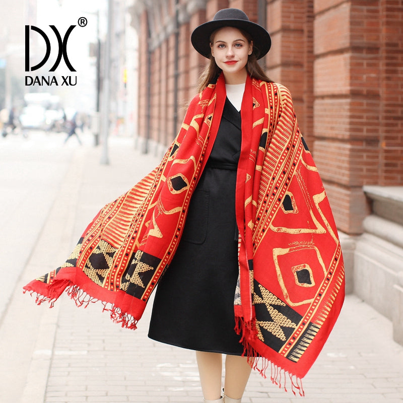DANA XU 100% Merino Wool Extra Large Pashmina Blanket Travel Scarf Cashmere Wrap for Women Fall Winter Oversize Shawl Floral