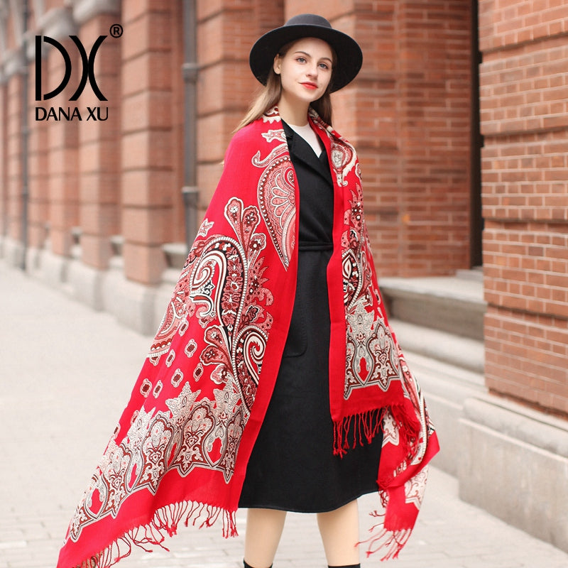 DANA XU 100% Merino Wool Extra Large Pashmina Blanket Travel Scarf Cashmere Wrap for Women Fall Winter Oversize Shawl Floral