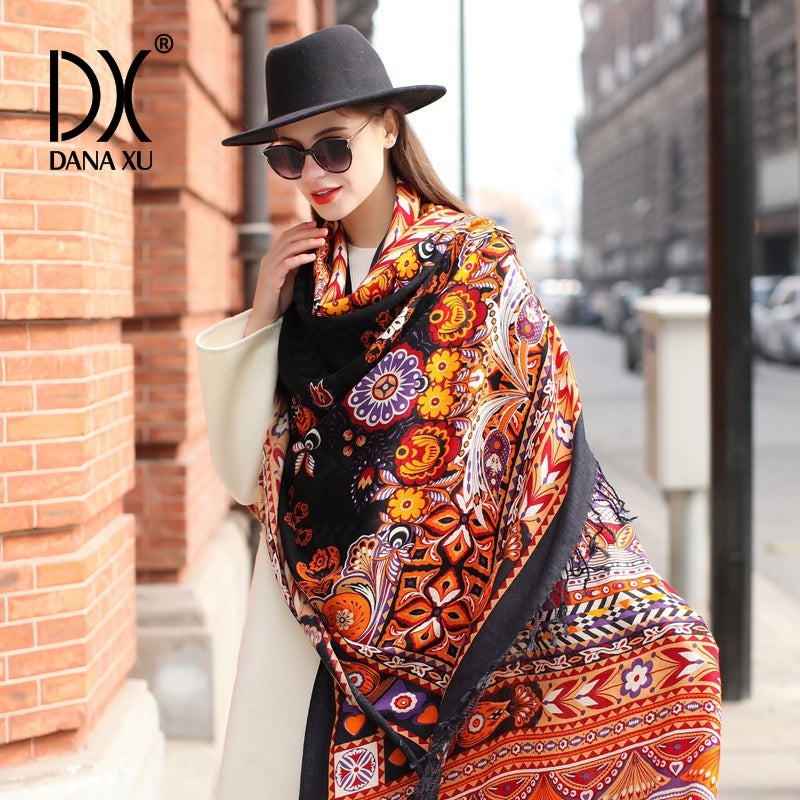 DANA XU 100% Merino Wool Extra Large Pashmina Blanket Travel Scarf Cashmere Wrap for Women Fall Winter Oversize Shawl Floral