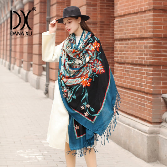 DANA XU 100% Merino Wool Extra Large Pashmina Blanket Travel Scarf Cashmere Wrap for Women Fall Winter Oversize Shawl Floral