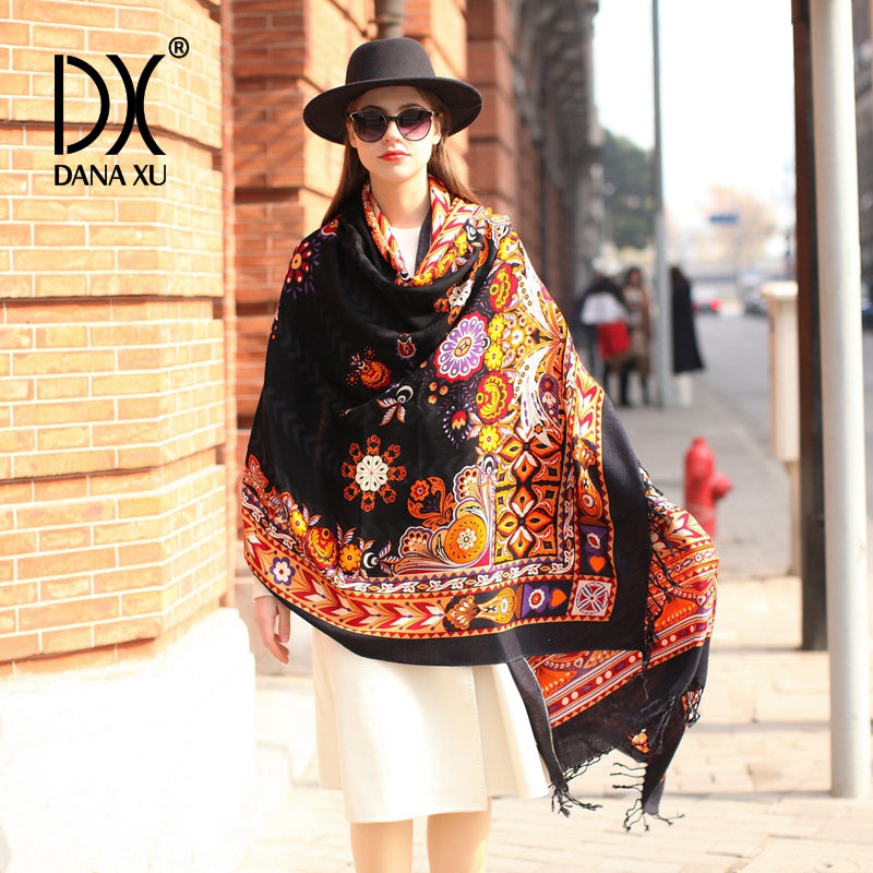 DANA XU 100% Merino Wool Extra Large Pashmina Blanket Travel Scarf Cashmere Wrap for Women Fall Winter Oversize Shawl Floral