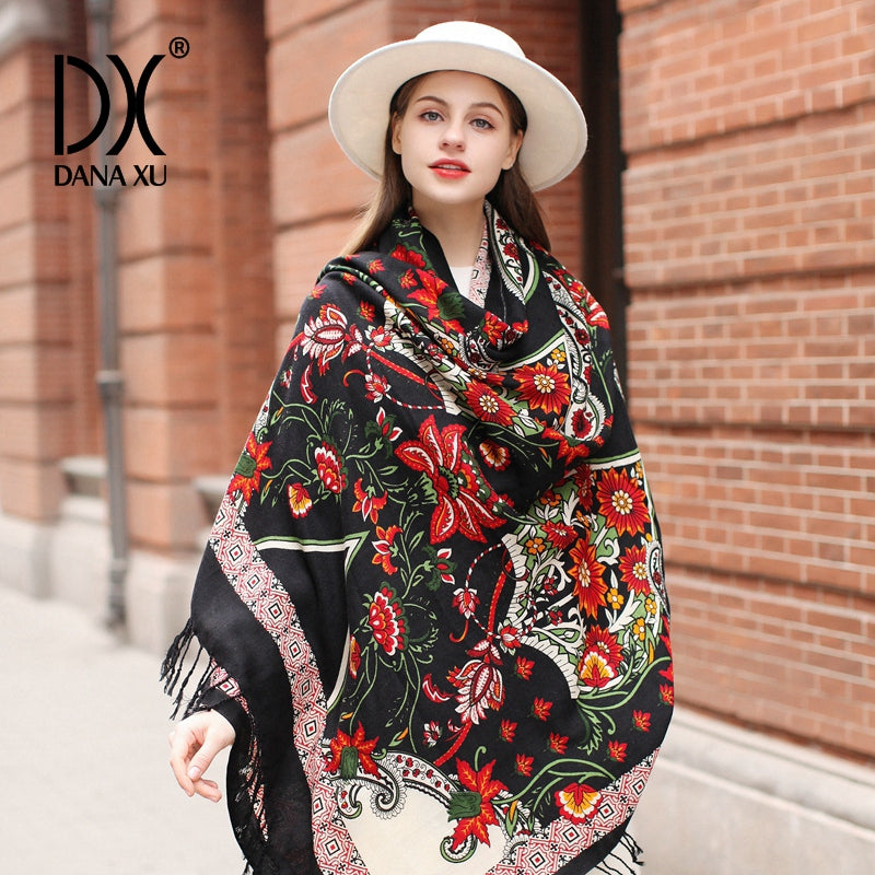 DANA XU 100% Merino Wool Extra Large Pashmina Blanket Travel Scarf Cashmere Wrap for Women Fall Winter Oversize Shawl Floral
