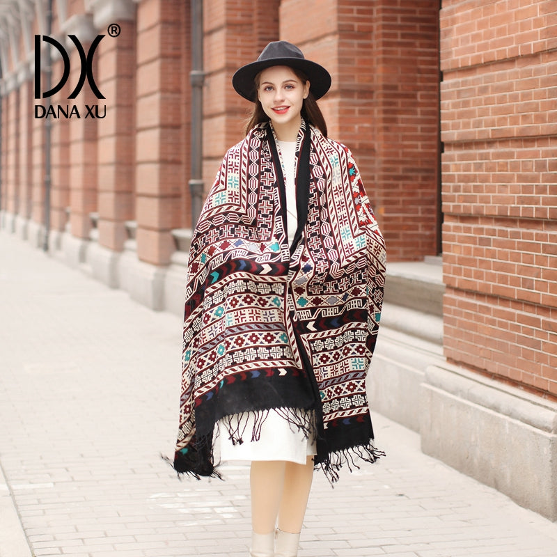 DANA XU 100% Merino Wool Extra Large Pashmina Blanket Travel Scarf Cashmere Wrap for Women Fall Winter Oversize Shawl Floral