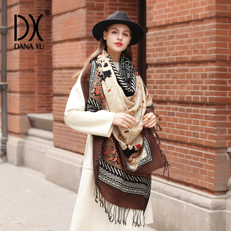 DANA XU 100% Merino Wool Extra Large Pashmina Blanket Travel Scarf Cashmere Wrap for Women Fall Winter Oversize Shawl Floral