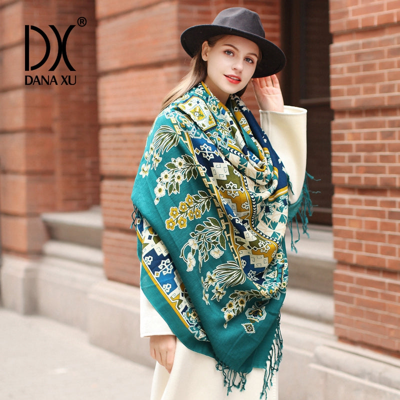DANA XU 100% Merino Wool Extra Large Pashmina Blanket Travel Scarf Cashmere Wrap for Women Fall Winter Oversize Shawl Floral