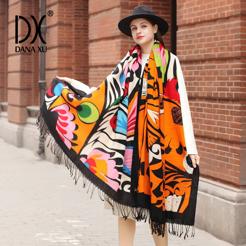 DANA XU 100% Merino Wool Extra Large Pashmina Blanket Travel Scarf Cashmere Wrap for Women Fall Winter Oversize Shawl Floral