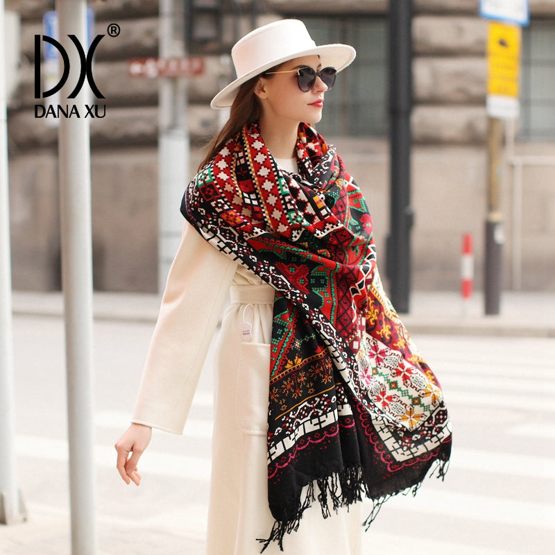 DANA XU 100% Merino Wool Extra Large Pashmina Blanket Travel Scarf Cashmere Wrap for Women Fall Winter Oversize Shawl Floral