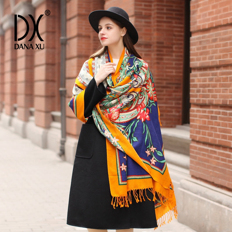 DANA XU 100% Merino Wool Extra Large Pashmina Blanket Travel Scarf Cashmere Wrap for Women Fall Winter Oversize Shawl Floral