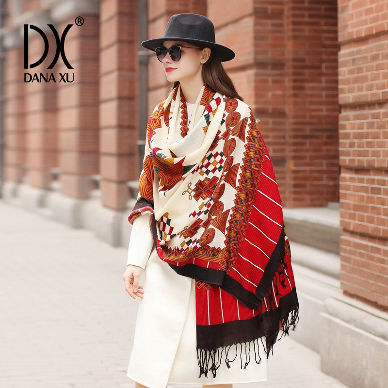 DANA XU 100% Merino Wool Extra Large Pashmina Blanket Travel Scarf Cashmere Wrap for Women Fall Winter Oversize Shawl Floral