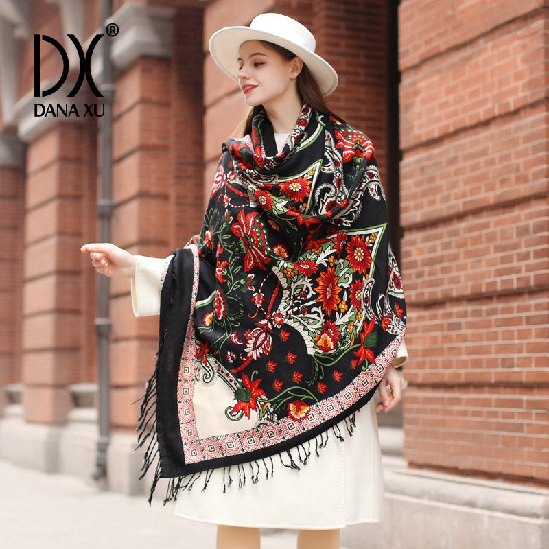 DANA XU 100% Merino Wool Extra Large Pashmina Blanket Travel Scarf Cashmere Wrap for Women Fall Winter Oversize Shawl Floral
