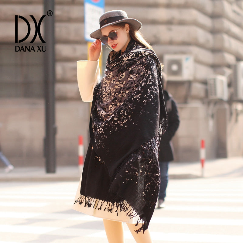 DANA XU 100% Merino Wool Extra Large Pashmina Blanket Travel Scarf Cashmere Wrap for Women Fall Winter Oversize Shawl Floral