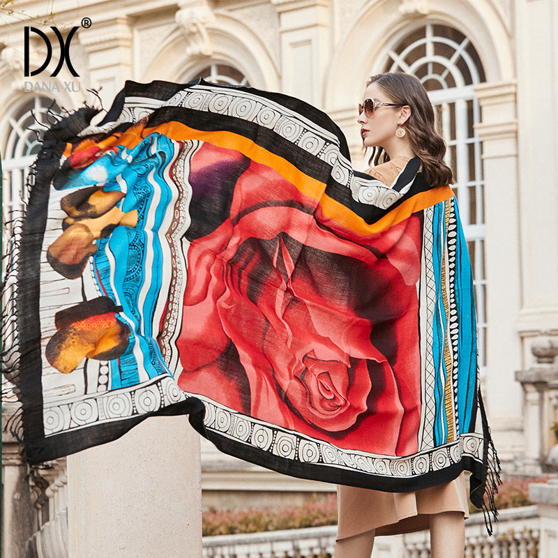 DANA XU 100% Merino Wool Extra Large Pashmina Blanket Travel Scarf Cashmere Wrap for Women Fall Winter Oversize Shawl Floral