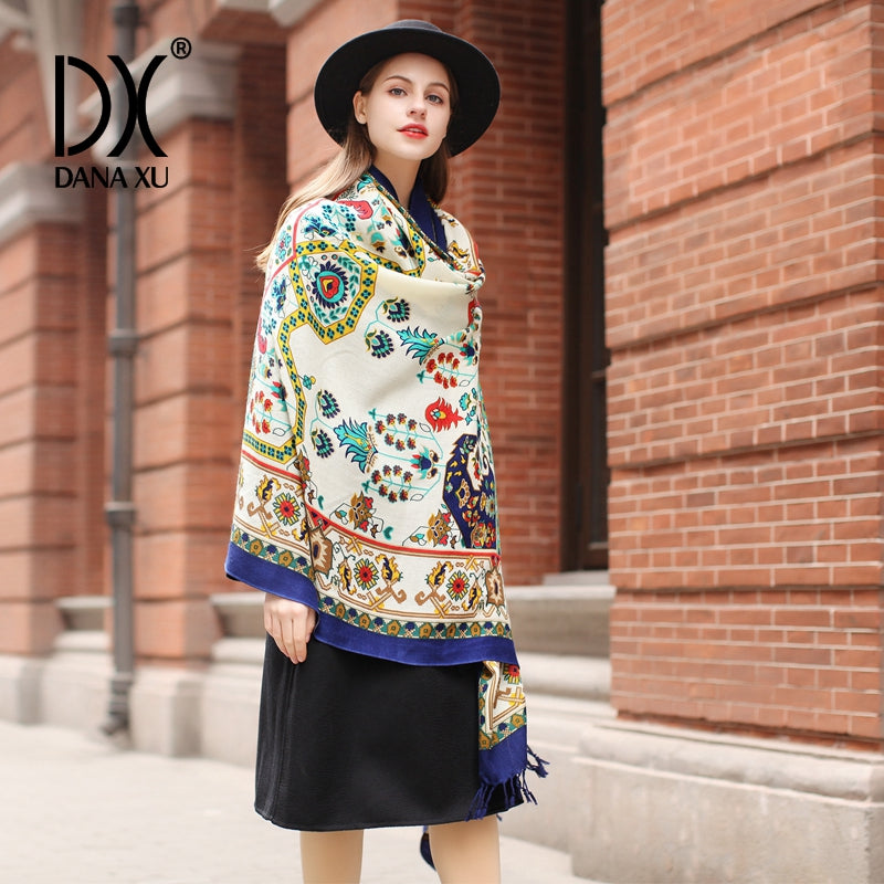 DANA XU 100% Merino Wool Extra Large Pashmina Blanket Travel Scarf Cashmere Wrap for Women Fall Winter Oversize Shawl Floral
