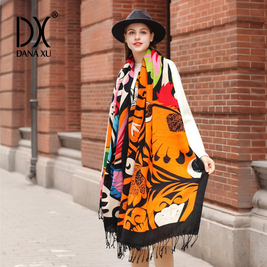 DANA XU 100% Merino Wool Extra Large Pashmina Blanket Travel Scarf Cashmere Wrap for Women Fall Winter Oversize Shawl Floral