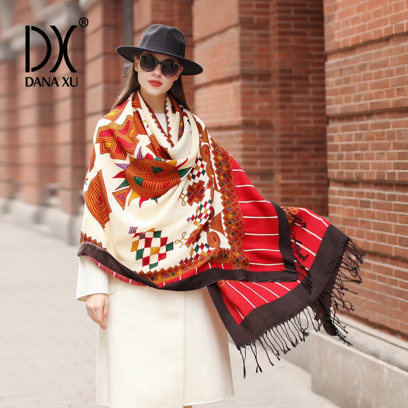 DANA XU 100% Merino Wool Extra Large Pashmina Blanket Travel Scarf Cashmere Wrap for Women Fall Winter Oversize Shawl Floral