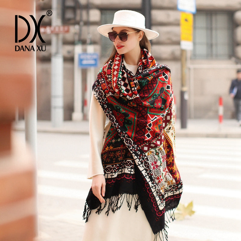DANA XU 100% Merino Wool Extra Large Pashmina Blanket Travel Scarf Cashmere Wrap for Women Fall Winter Oversize Shawl Floral
