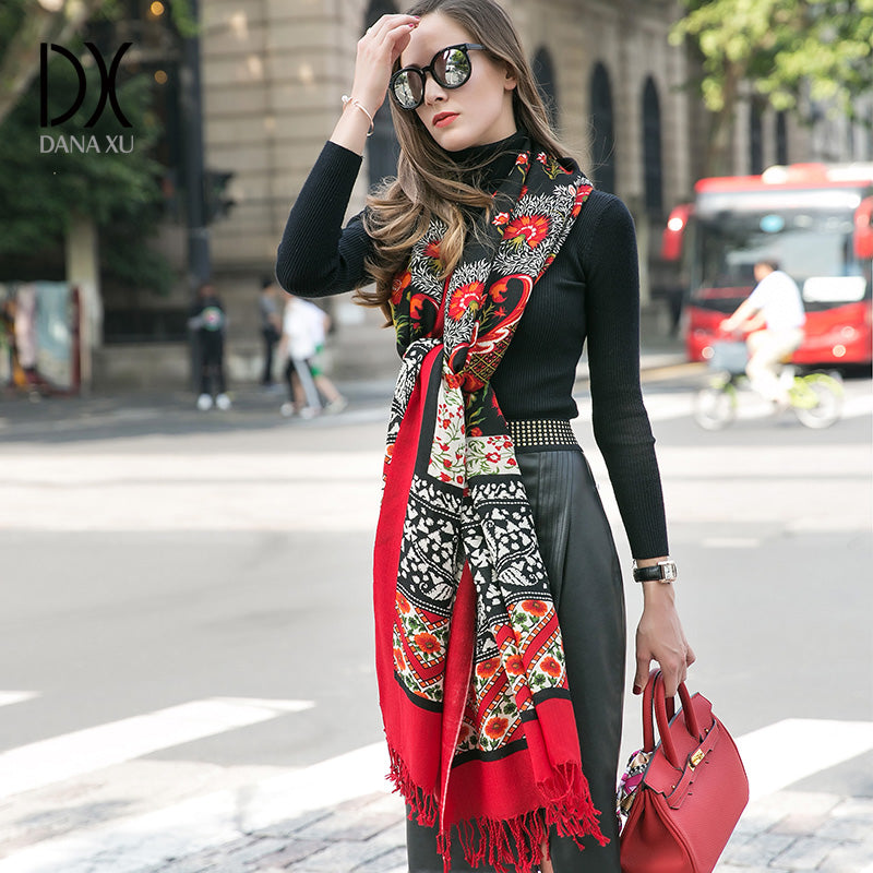 DANA XU 100% Merino Wool Extra Large Pashmina Blanket Travel Scarf Cashmere Wrap for Women Fall Winter Oversize Shawl Floral