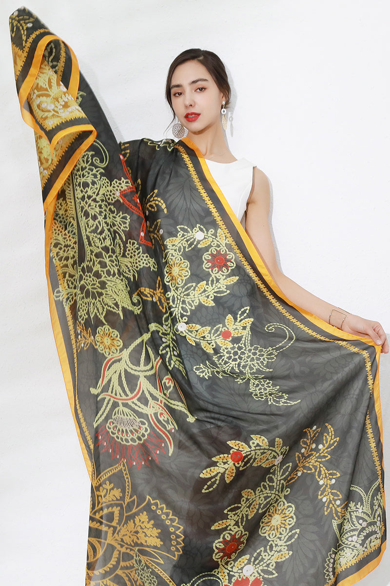 DANA XU Women's 100% Mulberry Satin Silk Pashmina Shawl Wraps Extra Large Floral Scarf for Evening Dresses, Soft Oversized