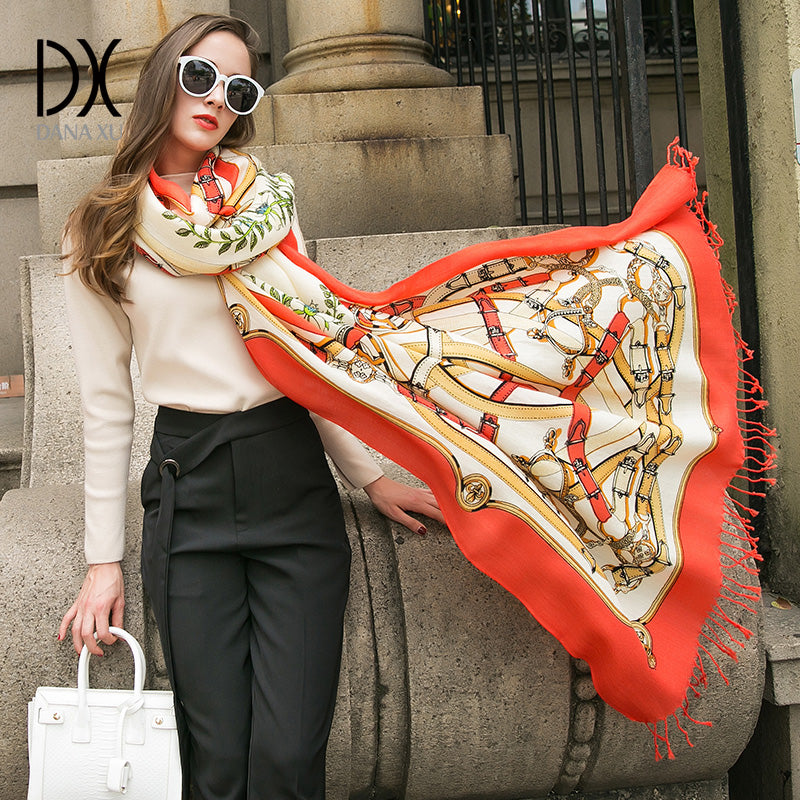 DANA XU 100% Merino Wool Extra Large Pashmina Blanket Travel Scarf Cashmere Wrap for Women Fall Winter Oversize Shawl Floral