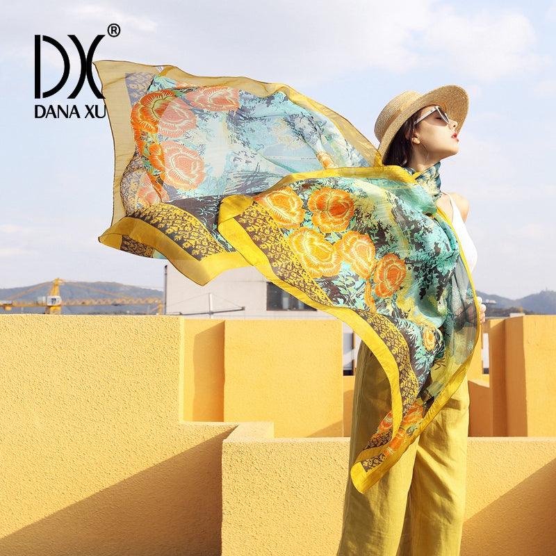 DANA XU Women's 100% Mulberry Satin Silk Pashmina Shawl Wraps Extra Large Floral Scarf for Evening Dresses, Soft Oversized