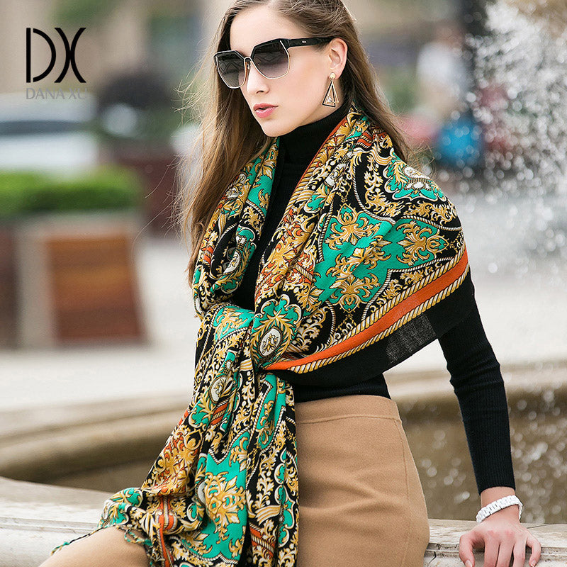 DANA XU 100% Merino Wool Extra Large Pashmina Blanket Travel Scarf Cashmere Wrap for Women Fall Winter Oversize Shawl Floral