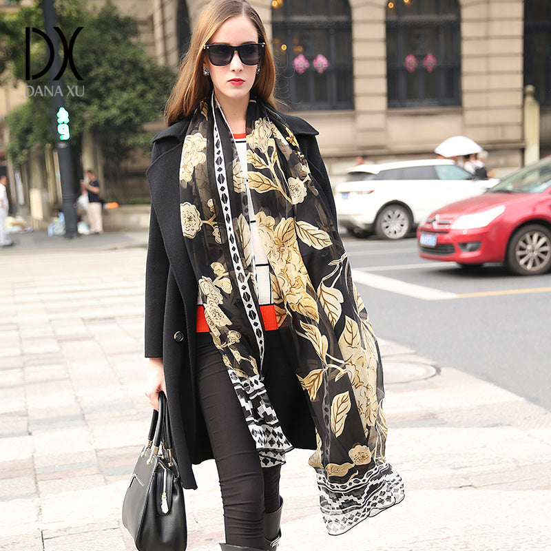 DANA XU Women's 100% Mulberry Satin Silk Pashmina Shawl Wraps Extra Large Floral Scarf for Evening Dresses, Soft Oversized