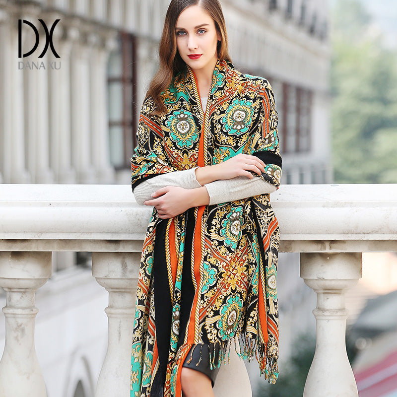 DANA XU 100% Merino Wool Extra Large Pashmina Blanket Travel Scarf Cashmere Wrap for Women Fall Winter Oversize Shawl Floral