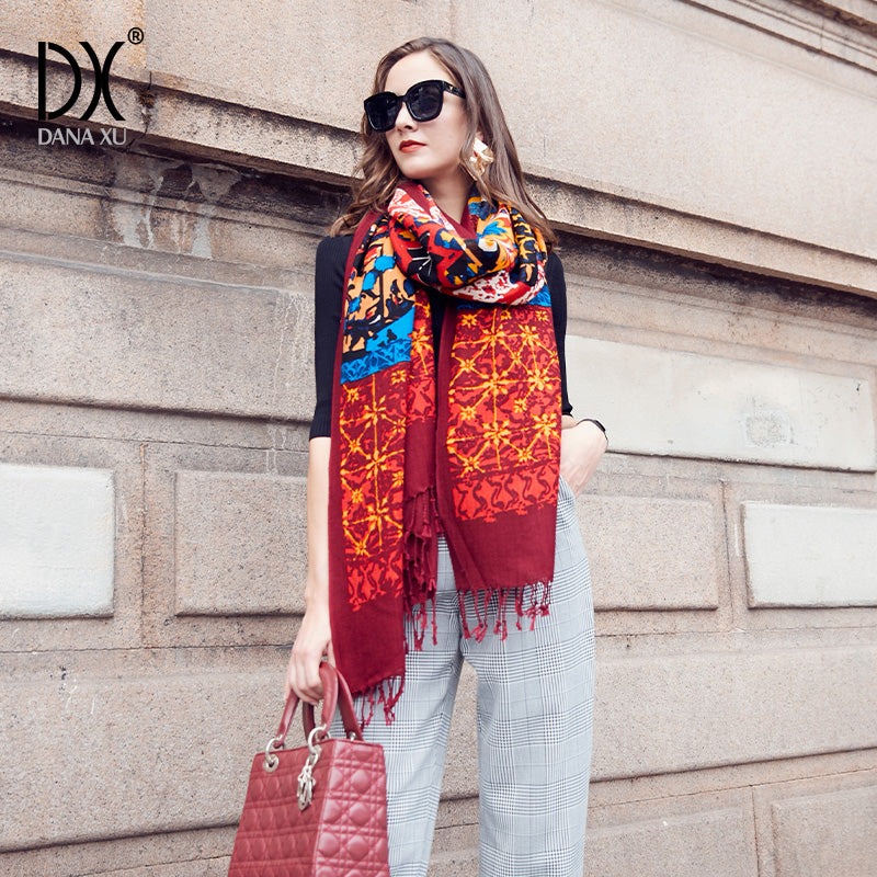 DANA XU 100% Merino Wool Extra Large Pashmina Blanket Travel Scarf Cashmere Wrap for Women Fall Winter Oversize Shawl Floral