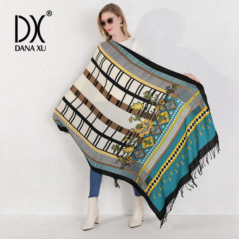 DANA XU 100% Merino Wool Extra Large Pashmina Blanket Travel Scarf Cashmere Wrap for Women Fall Winter Oversize Shawl Floral