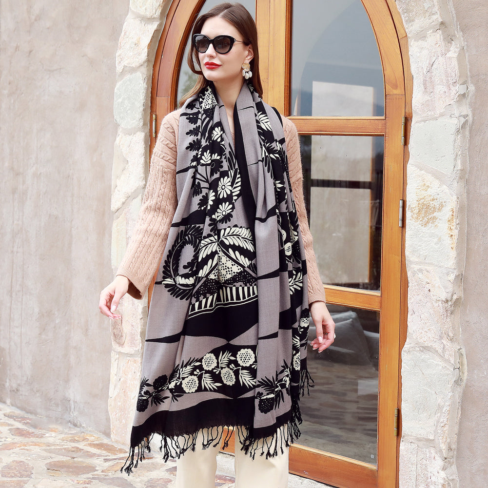 DANA XU 100% Merino Wool Extra Large Pashmina Blanket Travel Scarf Cashmere Wrap for Women Fall Winter Oversize Shawl Floral