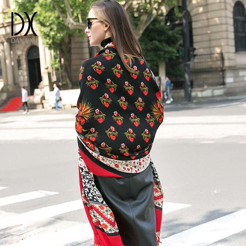 DANA XU 100% Merino Wool Extra Large Pashmina Blanket Travel Scarf Cashmere Wrap for Women Fall Winter Oversize Shawl Floral