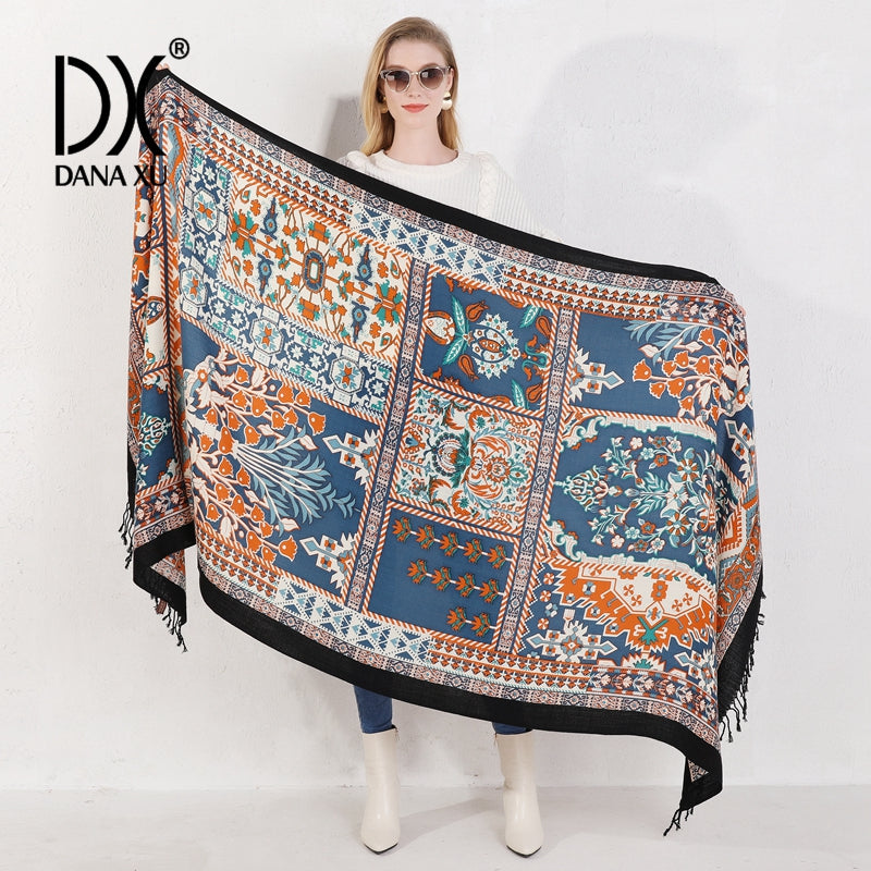 DANA XU 100% Merino Wool Extra Large Pashmina Blanket Travel Scarf Cashmere Wrap for Women Fall Winter Oversize Shawl Floral