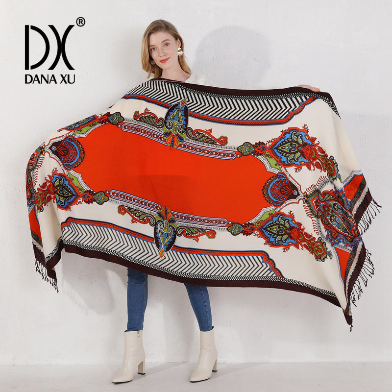 DANA XU 100% Merino Wool Extra Large Pashmina Blanket Travel Scarf Cashmere Wrap for Women Fall Winter Oversize Shawl Floral