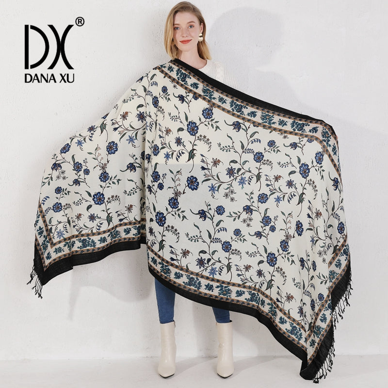 DANA XU 100% Merino Wool Extra Large Pashmina Blanket Travel Scarf Cashmere Wrap for Women Fall Winter Oversize Shawl Floral