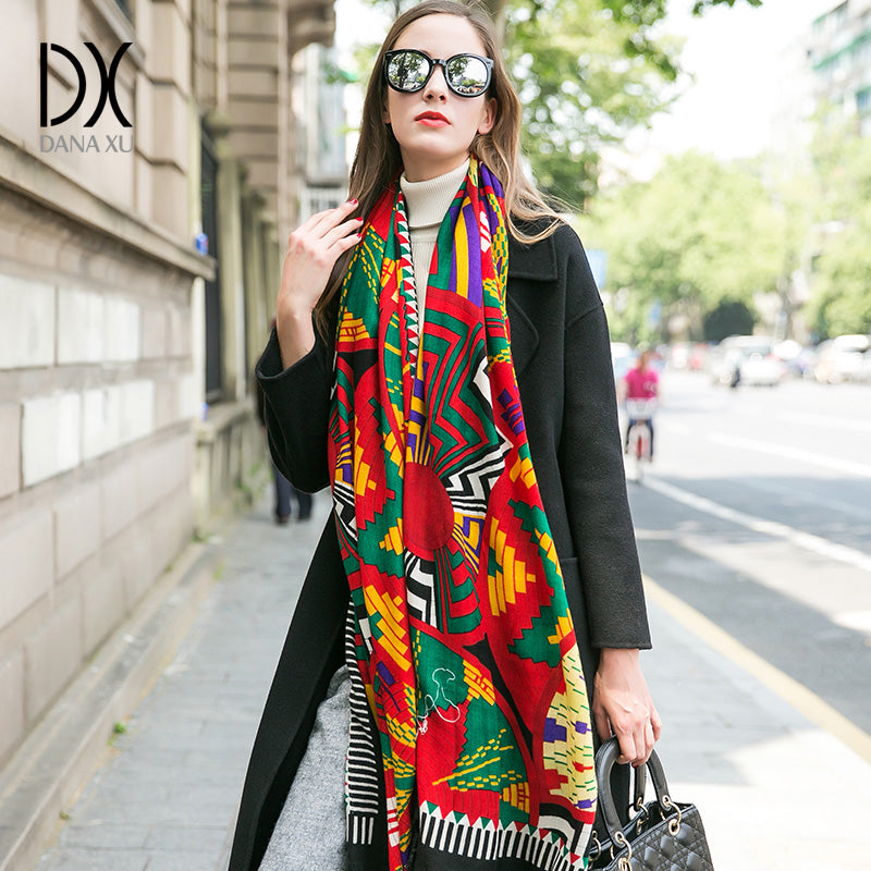 DANA XU 100% Merino Wool Extra Large Pashmina Blanket Travel Scarf Cashmere Wrap for Women Fall Winter Oversize Shawl Floral