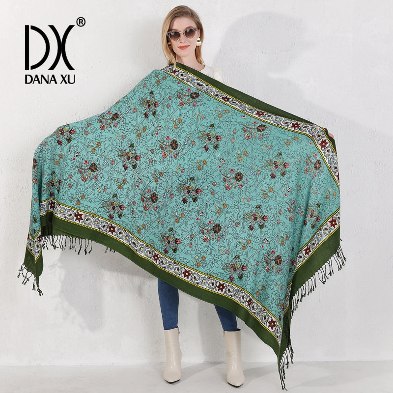 DANA XU 100% Merino Wool Extra Large Pashmina Blanket Travel Scarf Cashmere Wrap for Women Fall Winter Oversize Shawl Floral