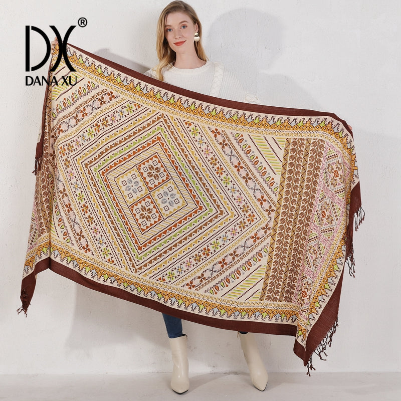 DANA XU 100% Merino Wool Extra Large Pashmina Blanket Travel Scarf Cashmere Wrap for Women Fall Winter Oversize Shawl Floral