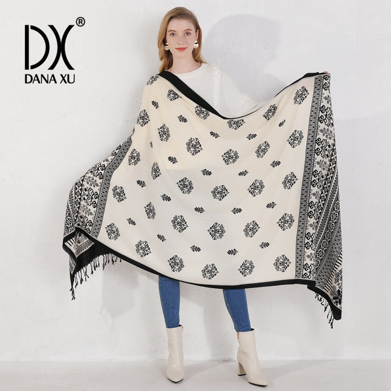 DANA XU 100% Merino Wool Extra Large Pashmina Blanket Travel Scarf Cashmere Wrap for Women Fall Winter Oversize Shawl Floral
