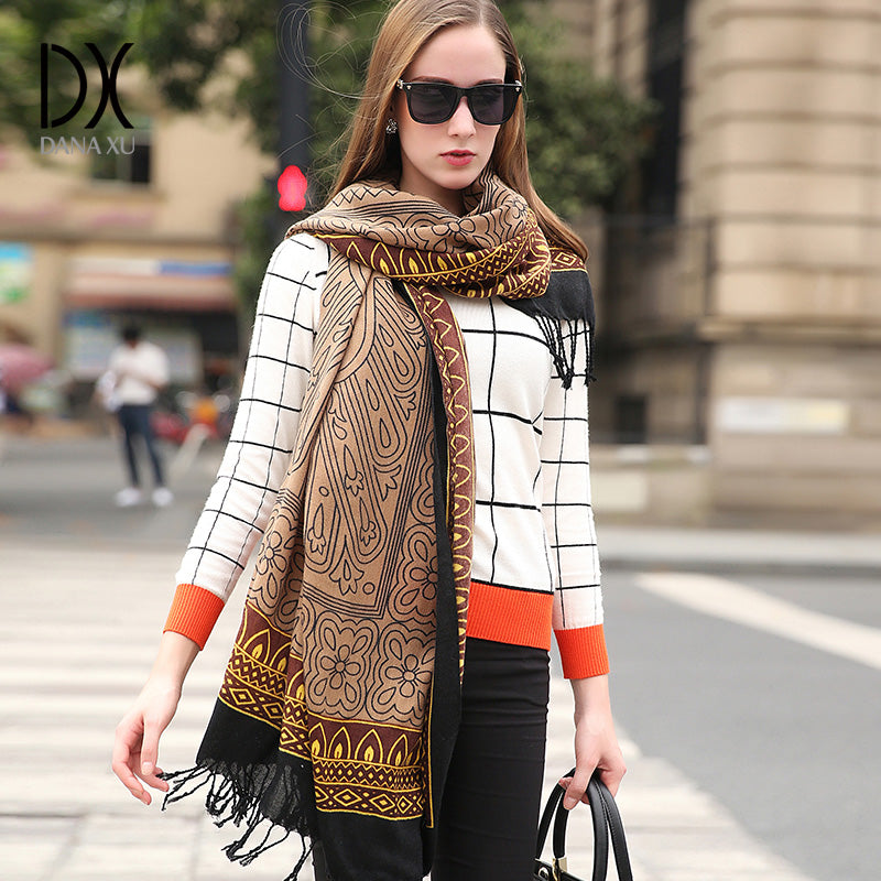 DANA XU 100% Merino Wool Extra Large Pashmina Blanket Travel Scarf Cashmere Wrap for Women Fall Winter Oversize Shawl Floral