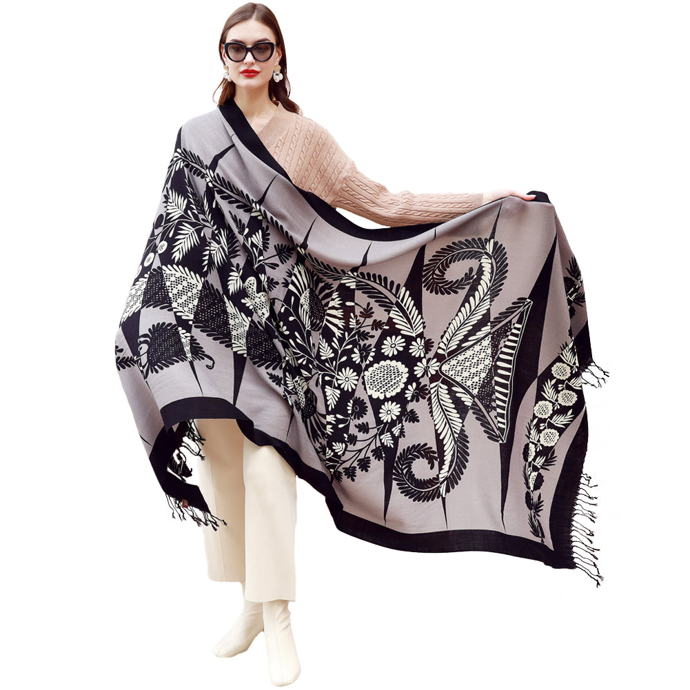 DANA XU 100% Merino Wool Extra Large Pashmina Blanket Travel Scarf Cashmere Wrap for Women Fall Winter Oversize Shawl Floral