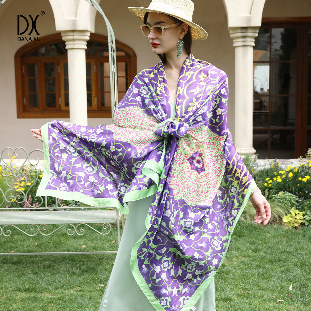 DANA XU Women's 100% Mulberry Satin Silk Pashmina Shawl Wraps Extra Large Floral Scarf for Evening Dresses, Soft Oversized