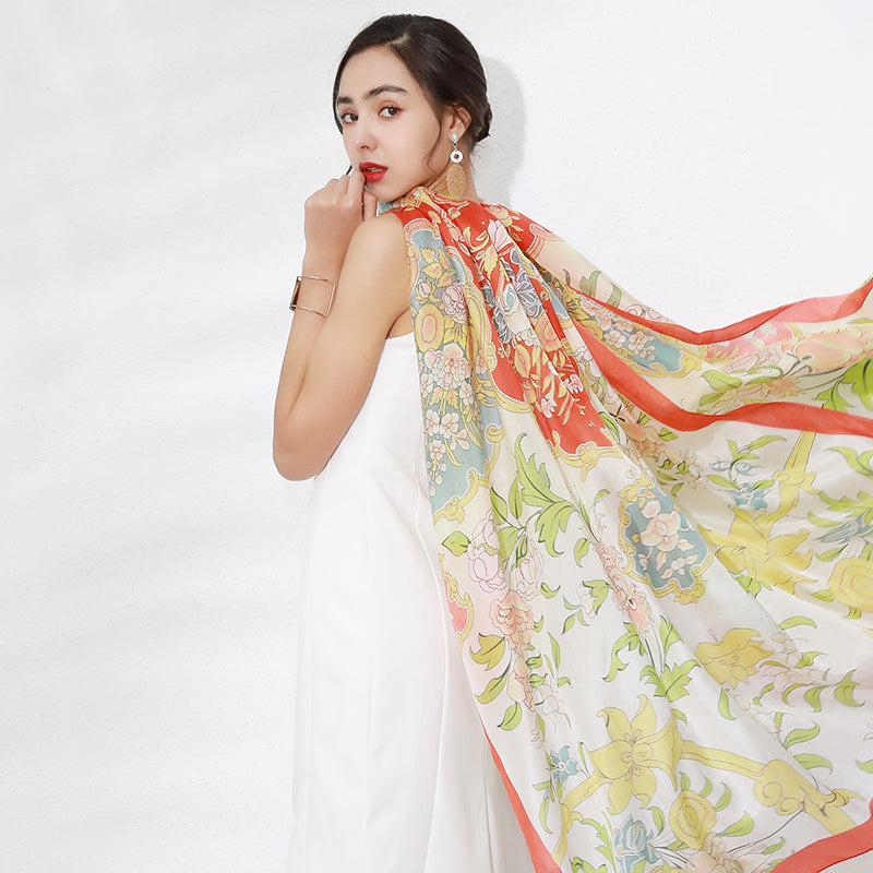 DANA XU Women's 100% Mulberry Satin Silk Pashmina Shawl Wraps Extra Large Floral Scarf for Evening Dresses, Soft Oversized