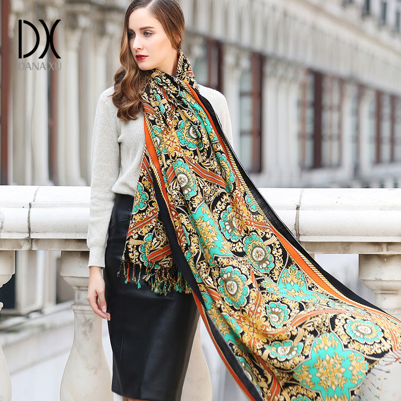 DANA XU 100% Merino Wool Extra Large Pashmina Blanket Travel Scarf Cashmere Wrap for Women Fall Winter Oversize Shawl Floral