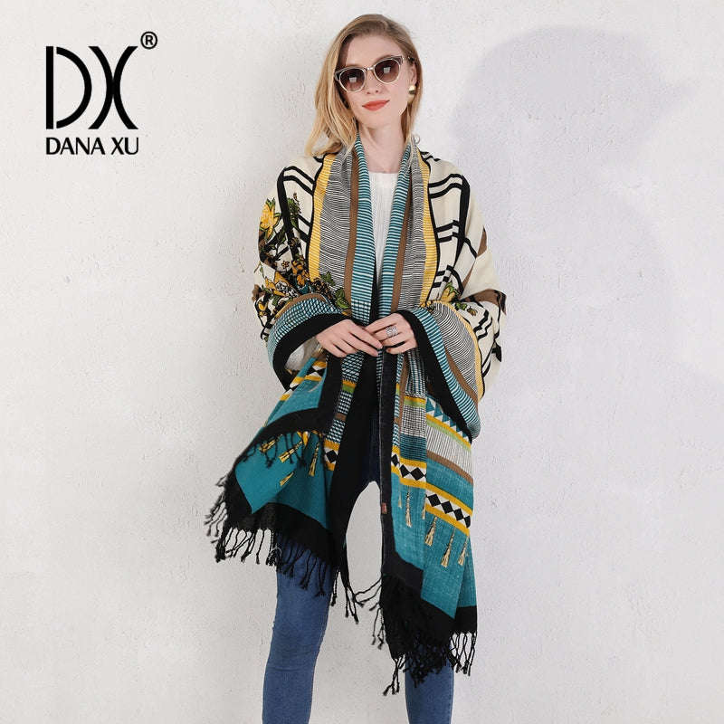 DANA XU 100% Merino Wool Extra Large Pashmina Blanket Travel Scarf Cashmere Wrap for Women Fall Winter Oversize Shawl Floral