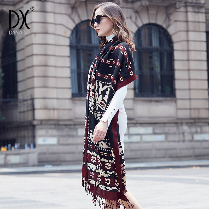 DANA XU 100% Merino Wool Extra Large Pashmina Blanket Travel Scarf Cashmere Wrap for Women Fall Winter Oversize Shawl Floral