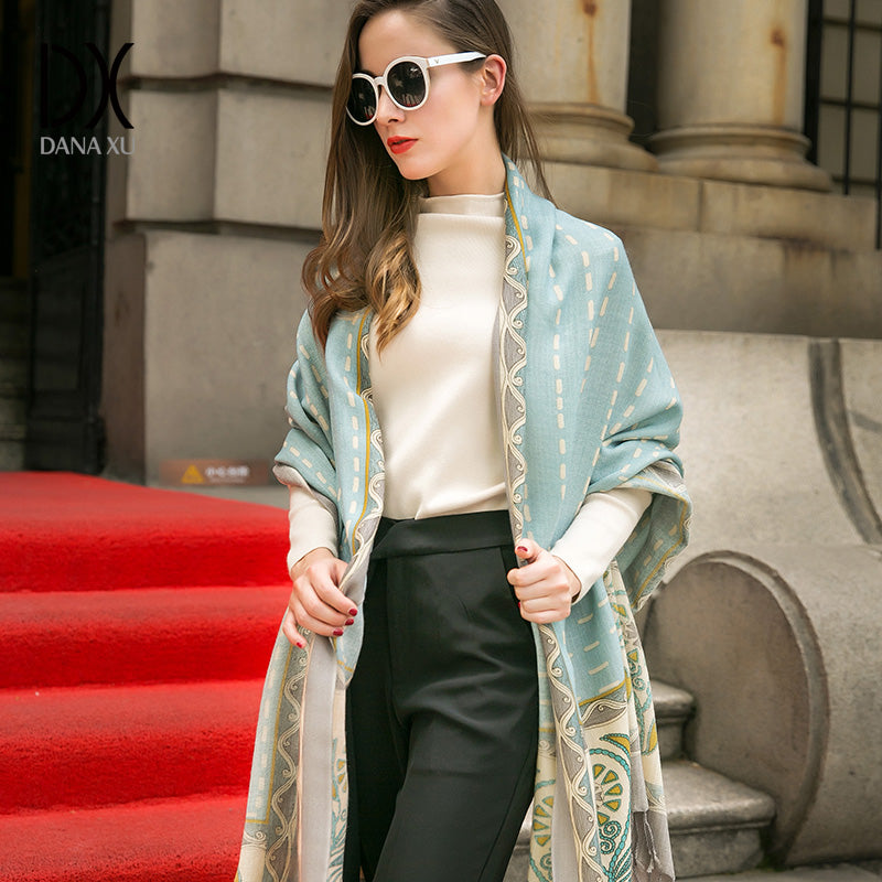 DANA XU 100% Merino Wool Extra Large Pashmina Blanket Travel Scarf Cashmere Wrap for Women Fall Winter Oversize Shawl Floral