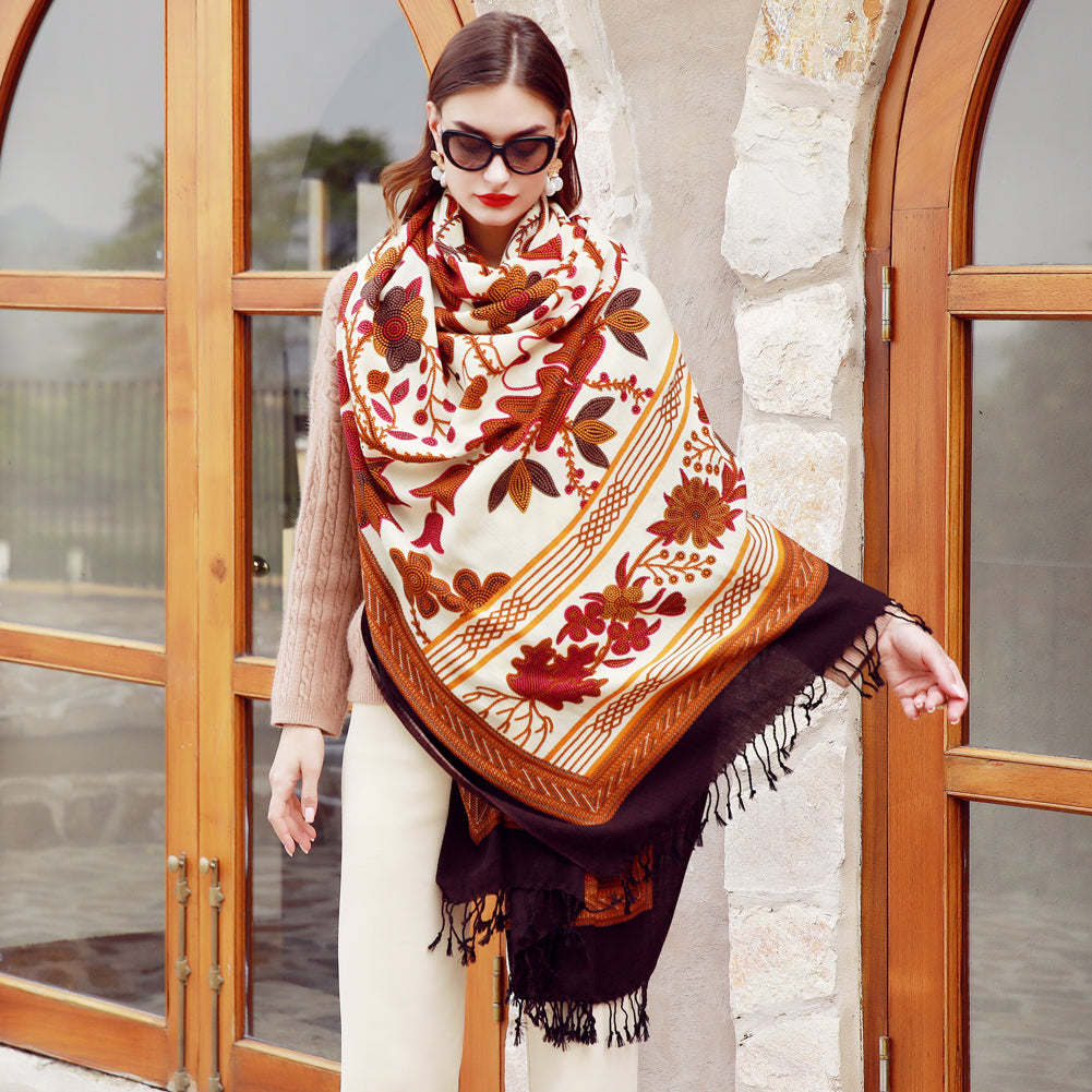 DANA XU 100% Merino Wool Extra Large Pashmina Blanket Travel Scarf Cashmere Wrap for Women Fall Winter Oversize Shawl Floral