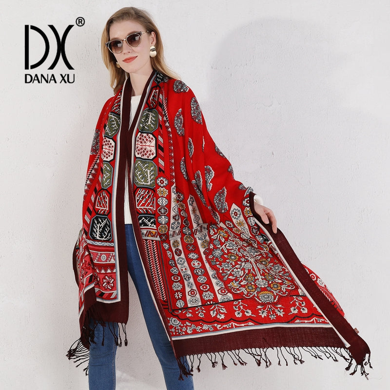 DANA XU 100% Merino Wool Extra Large Pashmina Blanket Travel Scarf Cashmere Wrap for Women Fall Winter Oversize Shawl Floral