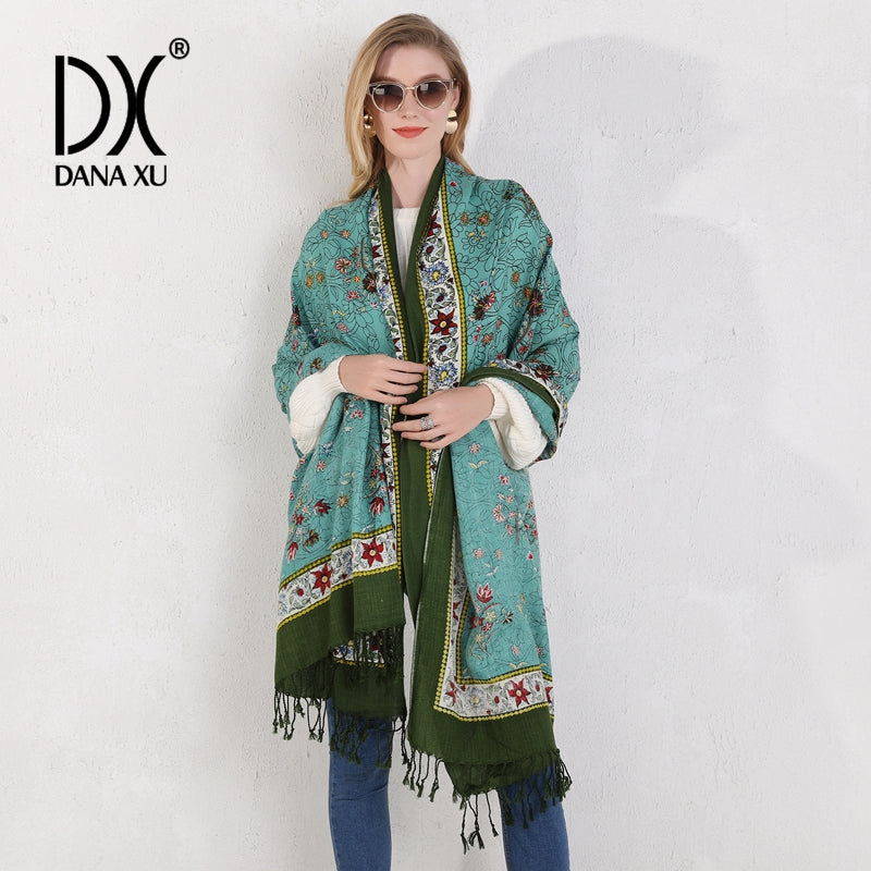 DANA XU 100% Merino Wool Extra Large Pashmina Blanket Travel Scarf Cashmere Wrap for Women Fall Winter Oversize Shawl Floral